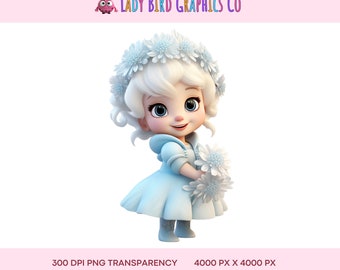 Cute Winter Princess PNG, Pastel Princess Clipart, Cute Princess Instant Downlaod Transparency, Light Blue Princess with Flowers Image