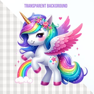 K&ouml;nnte beinhalten: Ein Cartoon-Einhorn mit goldenem Horn, Regenbogenm&auml;hne und -schwanz sowie rosa Fl&uuml;geln. Das Einhorn hat einen Blumenkranz und einen Regenbogenbogen. Der Text "TRANSPARENT BACKGROUND" steht oben.