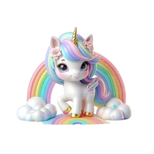 Clipart de unicornio arcoíris, lindo unicornio PNG, descarga digital de unicornio, diseño de cuento de hadas, unicornio bebé, unicornio y arcoíris