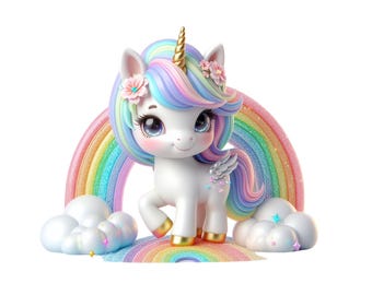 Rainbow Unicorn Clipart, Cute Unicorn PNG, Unicorn Digital Download Transparency, Fairytale Design, Baby Unicorn, Unicorn and Rainbow