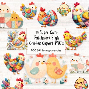 Cute Chicken Clipart, Patchwork Chickens PNG, Transparent Digital Downloads, Cottagecore Style Farm Animal Images, Barnyard Cartoon Bundle