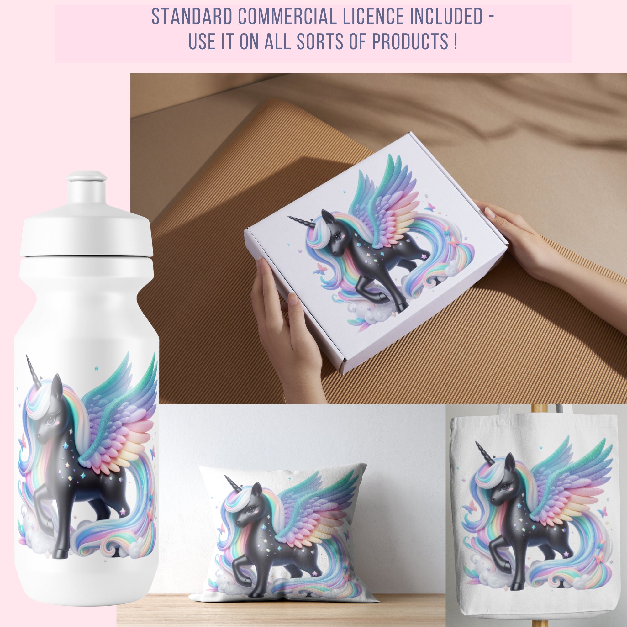 Pastel Rainbow Pegasus Unicorn Clipart: Black Unicorn PNG (digital ...
