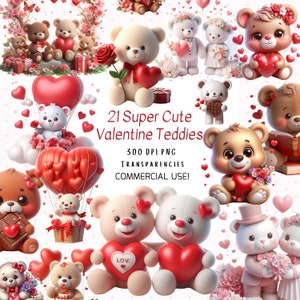 Valentines Day Clipart, Teddy Bear PNG Bundle, Transparent Images, Cute Teddies with Lovehearts, Sweet Valentines Day Images Commercial Use
