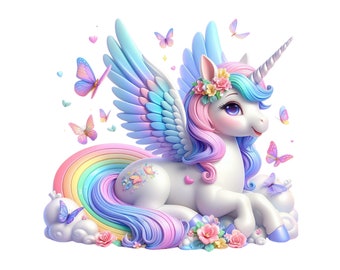 Unicorn with Wings, Cute Rainbow Unicorn Clipart, Pegasus Unicorn PNG Instant Download Transparency, Unicorn with Butterflies, Unicorn PNG