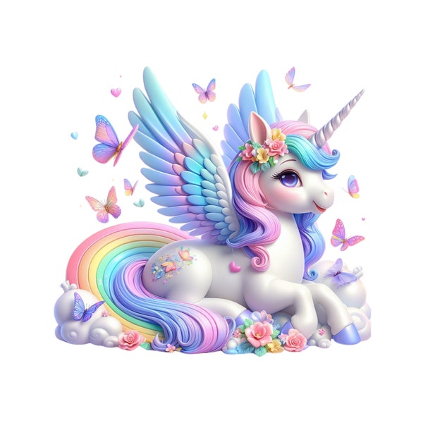 Unicorn with Wings, Cute Rainbow Unicorn Clipart, Pegasus Unicorn PNG Instant Download Transparency, Unicorn with Butterflies, Unicorn PNG