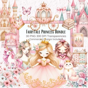 Cute Pink Princess Clipart Bundle, Watercolour Fairytale PNG Transparencies, Fairy Tail Kingdom Castle, Butterflies, Flowers Clipart Bundle