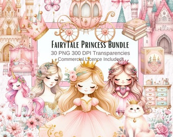 Pink Princess Clipart Bundle: Watercolor Fairytale Kingdom (PNG)