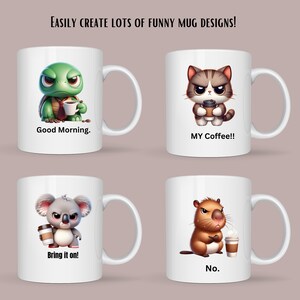 Puede incluir: Cuatro tazas blancas con diferentes animales de dibujos animados sosteniendo tazas de caf&eacute;. Las tazas muestran el texto "Good Morning.", "MY Coffee!!", "Bring it on!" y "No."