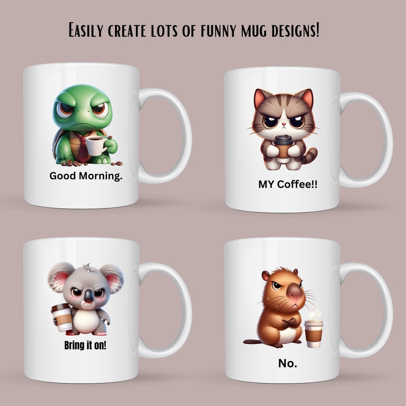 Puede incluir: Cuatro tazas blancas con diferentes animales de dibujos animados sosteniendo tazas de caf&eacute;. Las tazas muestran el texto "Good Morning.", "MY Coffee!!", "Bring it on!" y "No."