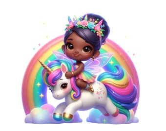 Magical Unicorn, Cute Fairy Clipart, Rainbow Unicorn PNG Instant Download Transparency, Fairy Riding a Unicorn, Pastel Unicorn Fairy PNG