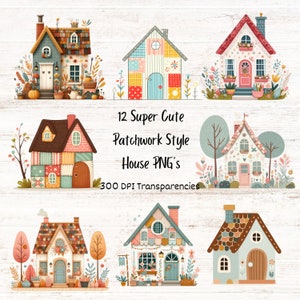 Imágenes prediseñadas de casa linda, cabañas de patchwork PNG, descarga digital transparente, imágenes de casas Cottagecore, paquete de imágenes prediseñadas de dibujos animados de casas lindas