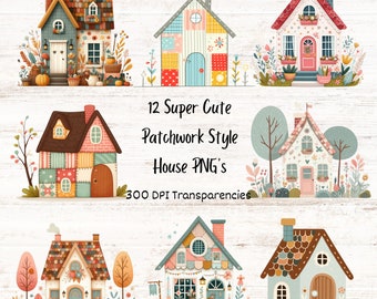 Cute House Clipart, Patchwork Cottages PNG, Transparent Digital Download, Cottagecore Homes Images, Cute Houses Cartoon Clipart Bundle