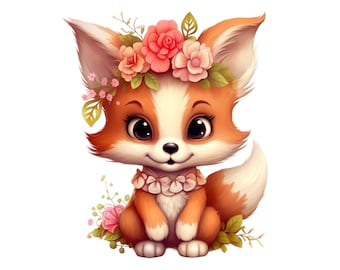 Lindo bebé zorro clipart PNG, descarga digital transparente de zorro, ilustración de zorro bebé florido, diseño imprimible de zorro para niños, imagen de zorro para manualidades