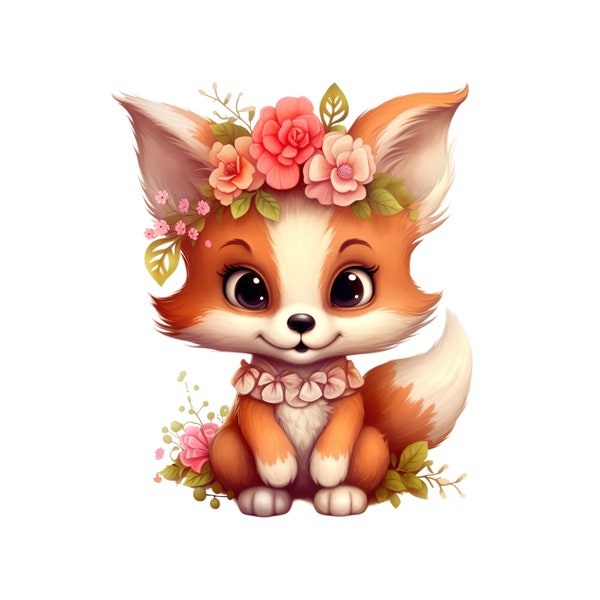 Cute Baby Fox Clipart PNG, Fox Transparent Digital Download, Flowery Baby Fox llustration, Kids Fox Printable Design, Fox Image for Crafts