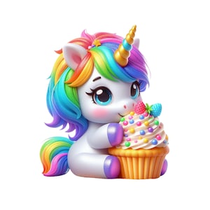 Clipart licorne arc-en-ciel, anniversaire licorne PNG, transparent téléchargement numérique licorne, licorne avec un petit gâteau, bébé licorne