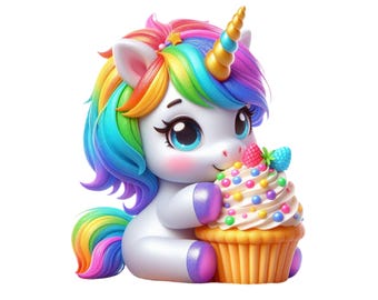 Rainbow Unicorn Clipart: Birthday Cupcake PNG (Digital Download)