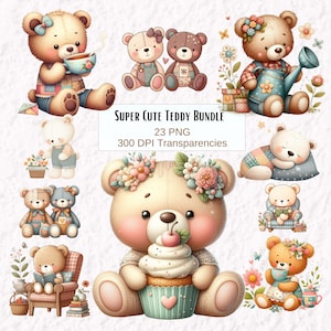 Cute Teddy Bear Clipart, Patchwork Teddies PNG, Transparent Digital Downloads, Cottagecore Nursery Bear Clipart, Neutral Baby Clipart