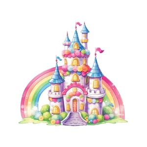 Prinzessin Schloss Clipart, Blumiges Regenbogen Schloss PNG, Märchenschloss Digital Download Transparenz, Mädchen Schloss bedruckbar