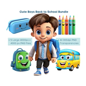 Clipart escolar, Pacote de clipart de volta às aulas para meninos, Conjunto de clipart fofo para escola, Pacote de transparências PNG para escola, Clipart para professores para impressão