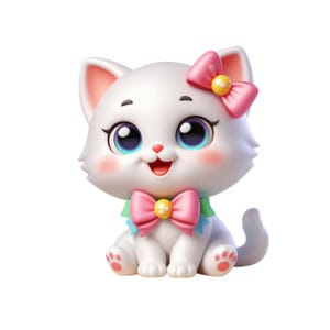 Coquette Kitten, Cute Kawaii Chibi Kitten Clipart PNG, Instant Download Transparency, Cute White Kitten with Bow Girls Printable