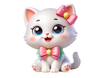 Coquette Kitten, Cute Kawaii Chibi Kitten Clipart PNG, Instant Download Transparency, Cute White Kitten with Bow Girls Printable