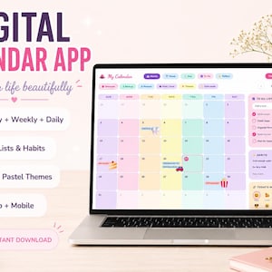 Peut inclure: Un ordinateur portable et un smartphone affichent une application de calendrier numérique aux couleurs pastel. L'application propose des vues mensuelles, hebdomadaires et quotidiennes, des listes de tâches et des thèmes personnalisés. Le texte "DIGITAL CALENDAR APP" et "Plan your life beautifully" sont visibles.