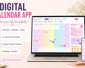 Interactive Digital Planner | Browser Based Calendar App, Habit Tracker, Mood Tracker Personalized Pastel Aesthetic Instant Download