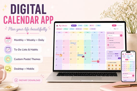 Interactive Digital Planner | Browser Based Calendar App, Habit Tracker, Mood Tracker Personalized Pastel Aesthetic Instant Download