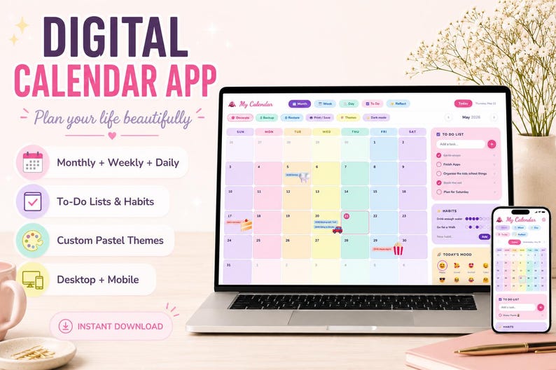 Puede incluir: Un port&aacute;til y un smartphone muestran una aplicaci&oacute;n de calendario digital con un esquema de colores pastel. La aplicaci&oacute;n presenta vistas mensuales, semanales y diarias, listas de tareas y temas personalizados. El texto "DIGITAL CALENDAR APP" y "Plan your life beautifully" son visibles.