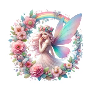 Könnte beinhalten: Eine digitale Illustration einer Fee mit rosa Haaren, einem Blumenkranz und schillernden Flügeln. Sie ist von einem Kranz aus rosa und blauen Blumen umgeben, mit einem Regenbogen, der sich über ihr wölbt. Die Fee trägt ein hellrosa Kleid.