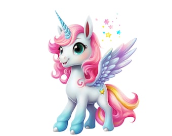 May include: A white unicorn with pink and yellow hair, blue wings, and a blue horn. The unicorn is standing on a white background with a scattering of colorful stars.