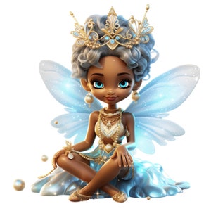 Beautiful Blue Fairy, PNG Graphic, Dark Skin Fairy Picture, Digital Download Fairy Design for Girls Printable, Girls Craft Decor Design