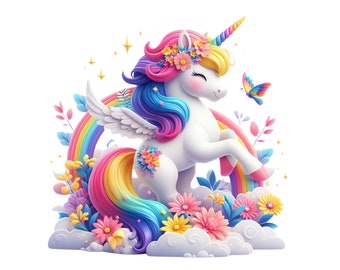 Rainbow Unicorn Clipart, Cute Unicorn PNG, Unicorn Digital Download Transparency, Fairytale Design, Floral Unicorn, Unicorn and Rainbow