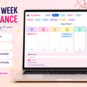 Puede incluir: Una computadora port&aacute;til muestra una interfaz de calendario digital con una vista semanal, una lista de tareas y opciones de personalizaci&oacute;n. La pantalla muestra el texto "SEE THE WEEK AT A GLANCE" y "INSTANT DOWNLOAD". El dise&ntilde;o es colorido y apto para escritorio y m&oacute;vil.