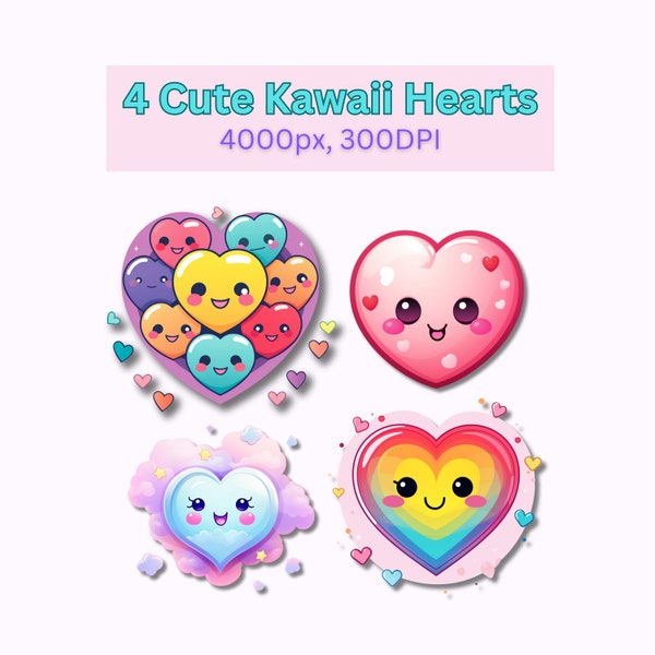 Kawaii Love Heart Bundle, Cute Kawaii Loveheart Clipart PNG's, Loveheart Instant Download Transparencies, Cute Love Heart Printables