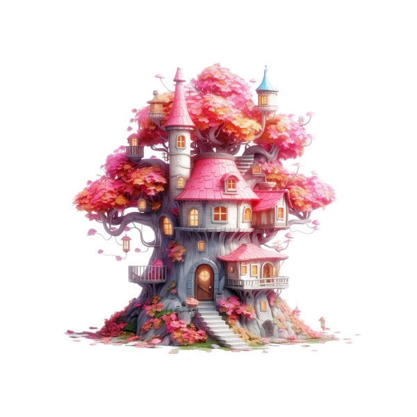 Fairy House PNG, Fairy Tale House Clipart, Fairy House Transparency Instant Download, Fairy Land Cottage Printable, Pink Fairytale House