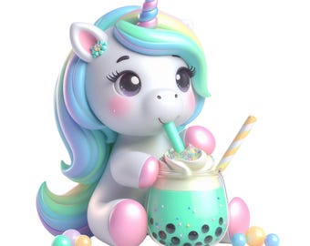 Unicorn Clipart, Cute Baby Unicorn with Boba Tea, Birthday Unicorn PNG, Aqua Unicorn, Bubble Unicorn Printable