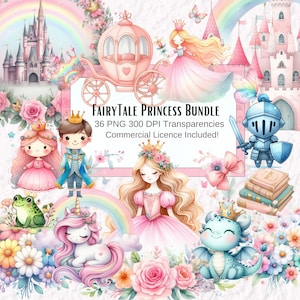 Cute Princess Clipart Bundle, Watercolour Fairytale PNG Transparencies, Fairy Tail Kingdom Castle, Butterflies, Flowers Clipart Bundle