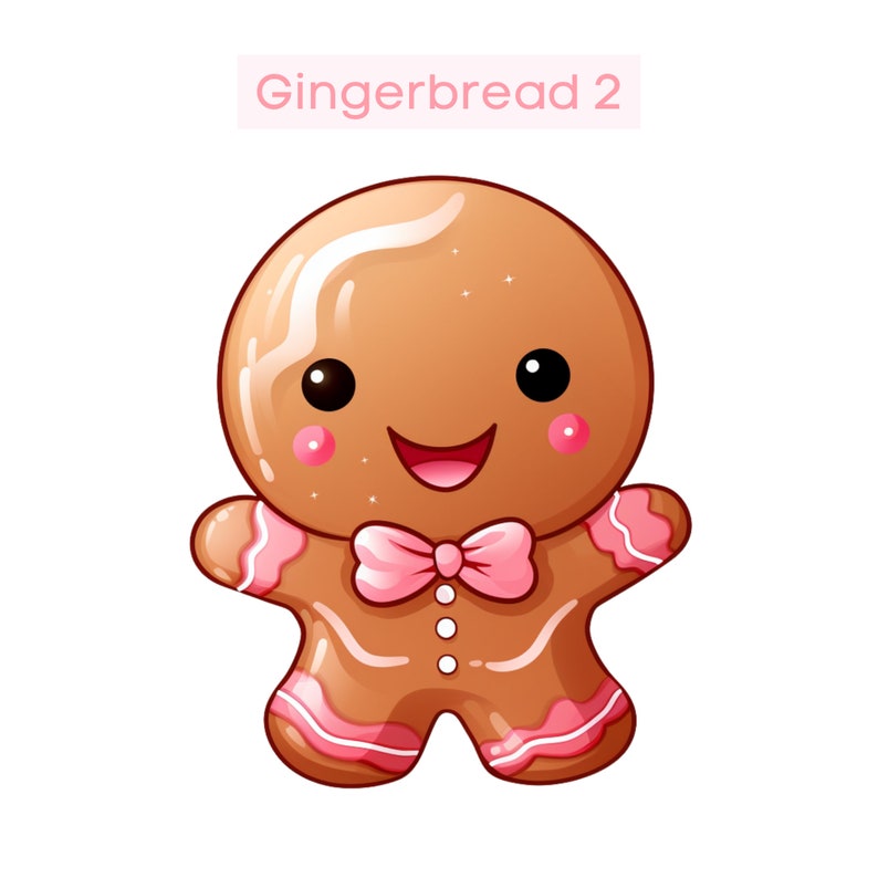 May include: A cartoon gingerbread person with a pink bow tie and pink icing details. The gingerbread person is smiling and has a white icing face.