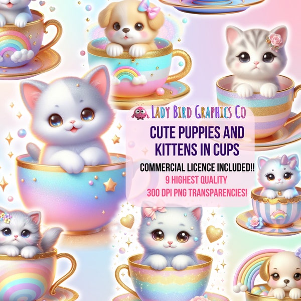 Cute Puppies Kittens Teacup Clipart Bundle, Cat Transparencies, Cute Baby Animals in Cups, Magical Kittens and Puppies in Teacups PNGs