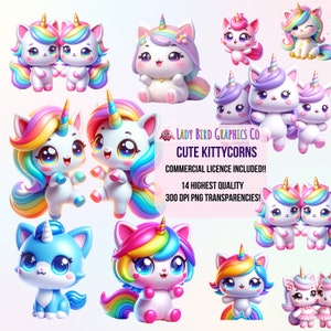 Paquete de imágenes prediseñadas de gato unicornio, imágenes prediseñadas de gatito, transparencias PNG de gatito, imágenes prediseñadas de gato kawaii, imágenes prediseñadas de gato unicornio