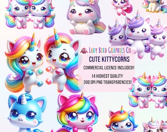 Unicorn Cat Clipart Bundle: Kawaii Kittycorn PNG (digital Download