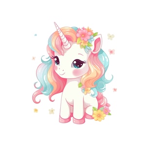Unicorn Clipart, schattige Pastel Unicorn PNG en Jpeg, regenboogkleuren en bloemen, digitale downloadtransparantie, schattige Unicorn illustratie