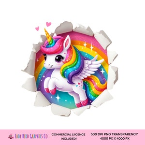 Rainbow Unicorn Clipart, 3d Hole in Wall Unicorn PNG, Breakthrough Unicorn Digital Download Transparency, Cracked Wall Glitter Unicorn PNG