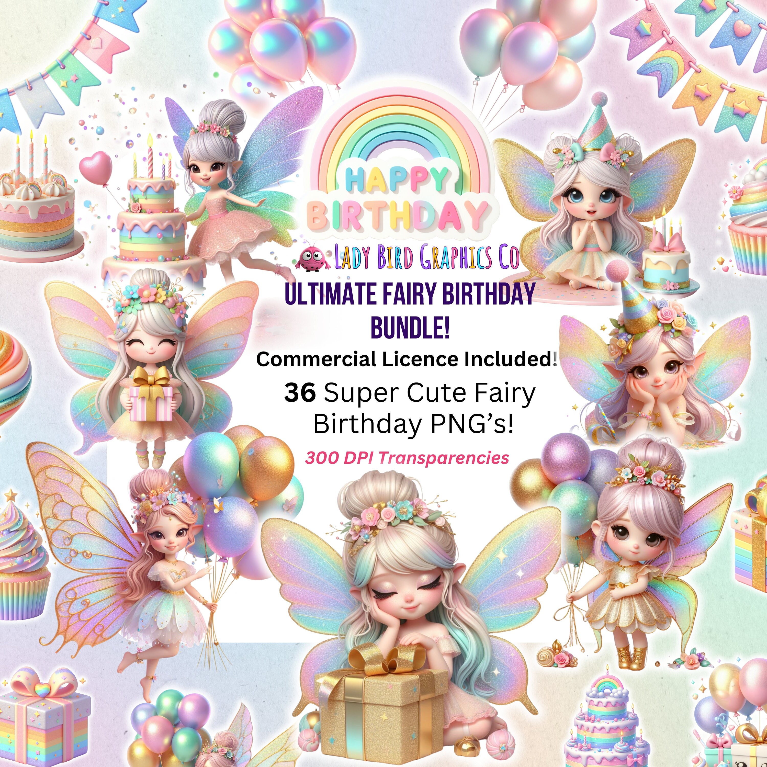 Fairy Birthday Clipart Bundle, Large Fairies PNG Birthday Bundle ...
