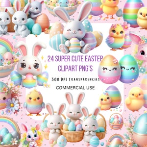 Lot de cliparts mignons de Pâques, grand lot PNG transparents de lapin de Pâques, mignons poussins de Pâques, oeufs de Pâques, images imprimables de paniers de Pâques