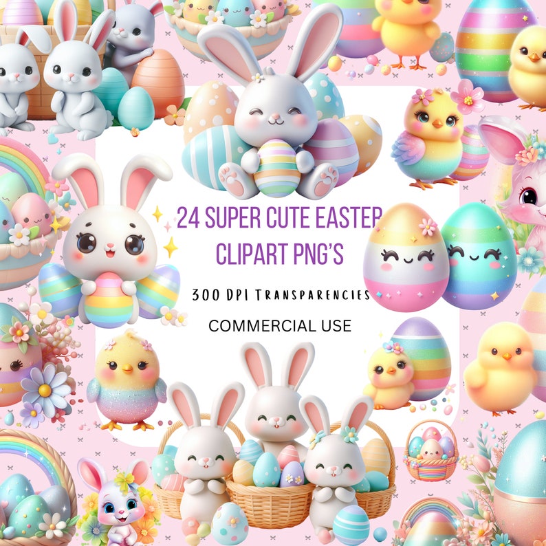 Cute Easter Clipart Bundle, Large Bundle PNG Easter Bunny Transparencies, Cute Easter Chicks, Easter Eggs, Easter Baskets Printable Images image 1