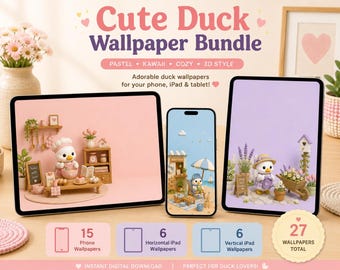 Cute Duck Wallpaper Bundle | 15 Phone Wallpapers + 12 iPad Wallpapers | Cozy Pastel Kawaii Duck Backgrounds, Phone Android iPad Lock Screen