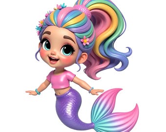Mermaid Clipart, Rainbow Mermaid,  Transparent Digital Download, Cute Glitter Mermaid Sublimation Commercial License, Under the Sea Clipart