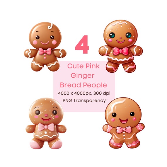 Gingerbread Clipart, Cute Christmas Gingerbread PNG, Pink Gingerbread Instant Download Transparencies, Cute Gingerbread People Cartoon